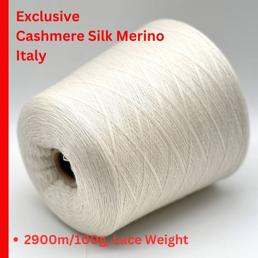 CLASSIC cashmere silk merino couture-grade yarn cone
Ultra fine Italian cashmere silk merino yarn 2900m per 100g
Luxury couture-grade cone yarn for multi strand knitting and weaving
Cashmere silk merino blend yarn close up texture detail
CLASSIC lace weight yarn for blending machine knitting and crochet