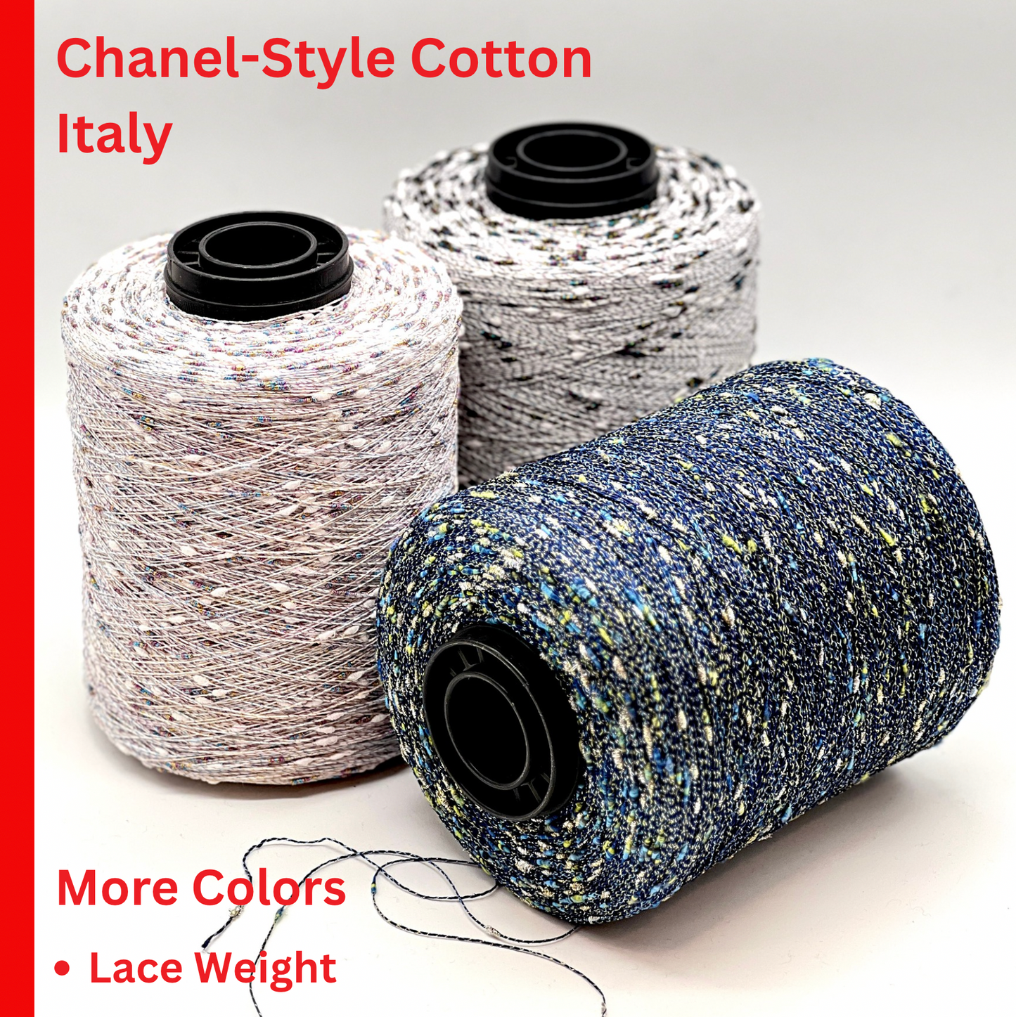Three spools of Chanel-style cotton yarn on a white background with text about color options and weight.