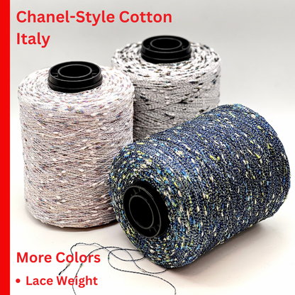 Three spools of Chanel-style cotton yarn on a white background with text about color options and weight.