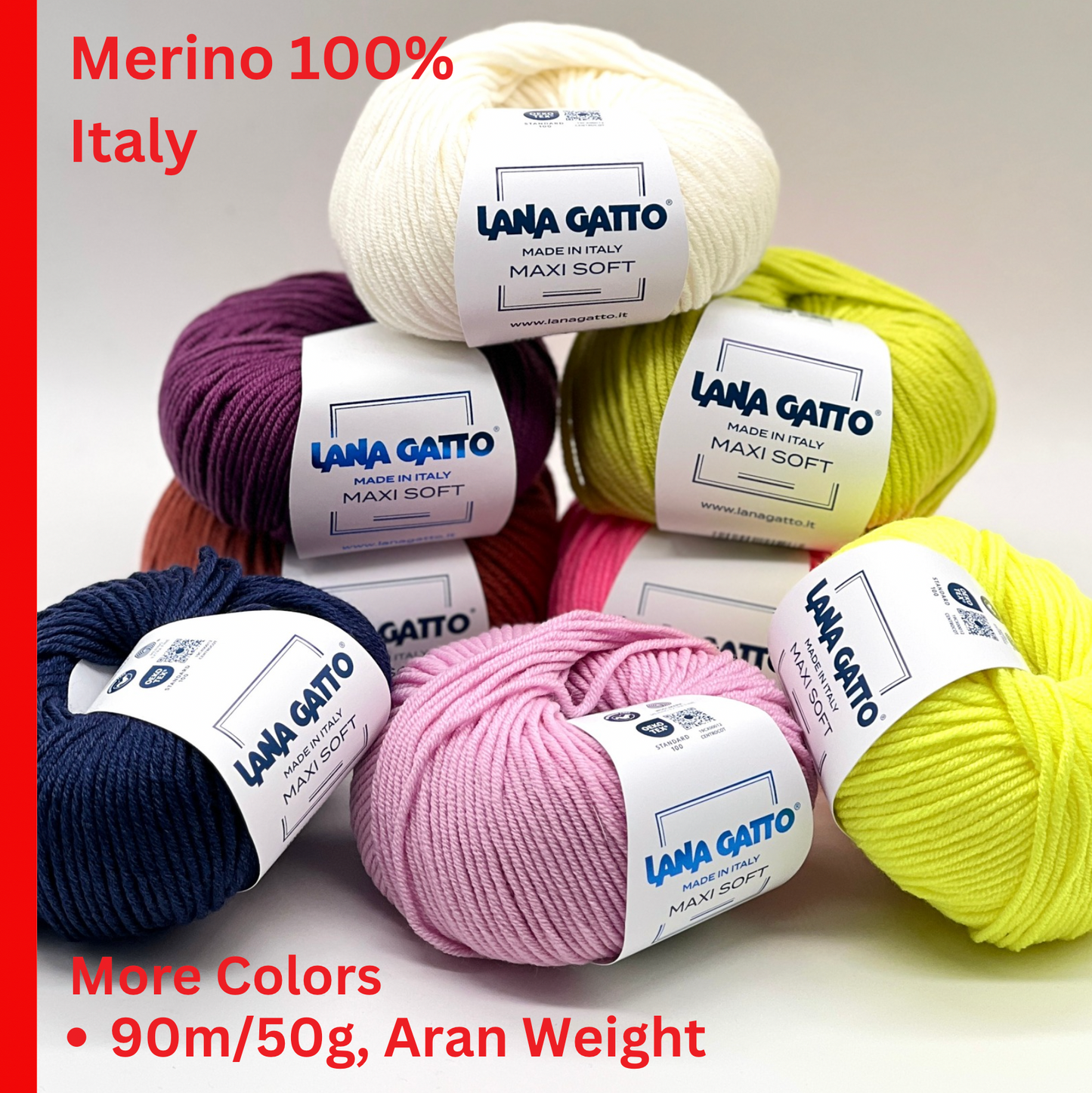 Balls of yarn with Lana Gatto labels on a white background