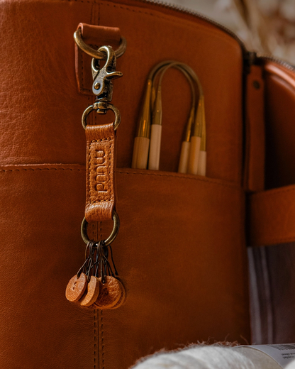 muud FELIZ genuine leather stitch marker keychain with 10 engraved metal markers from iDOKNiT