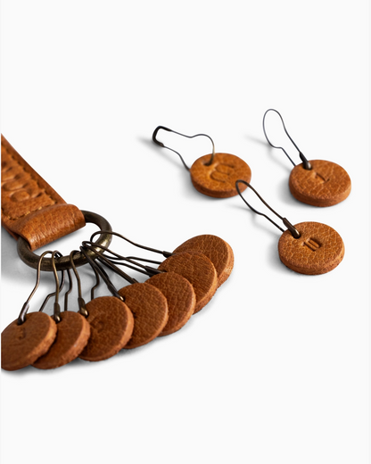 muud FELIZ genuine leather stitch marker keychain with 10 engraved metal markers from iDOKNiT