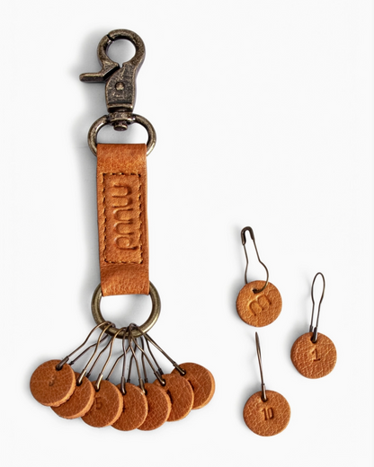 muud FELIZ genuine leather stitch marker keychain with 10 engraved metal markers from iDOKNiT