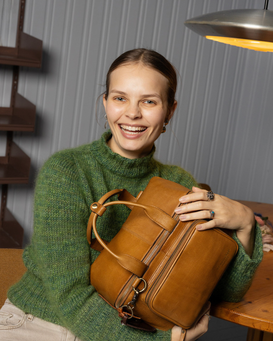 RE PROJECT 39 handcrafted Urban Leather knitting and crochet crossbody bag with top handles and front pocket from iDOKNiT