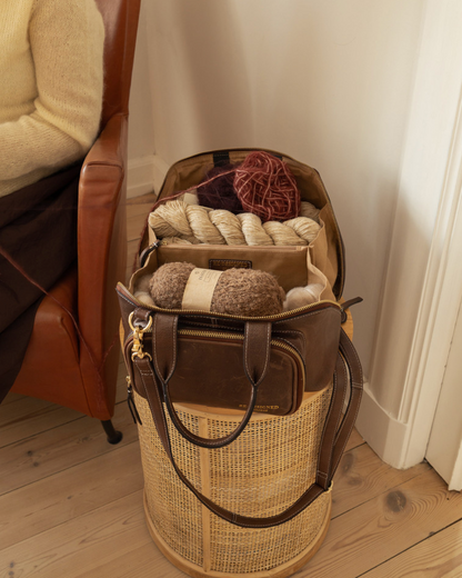 RE PROJECT 39 handcrafted Urban Leather knitting and crochet crossbody bag with top handles and front pocket from iDOKNiT