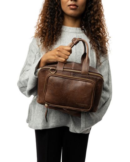 RE PROJECT 39 handcrafted Urban Leather knitting and crochet crossbody bag with top handles and front pocket from iDOKNiT
