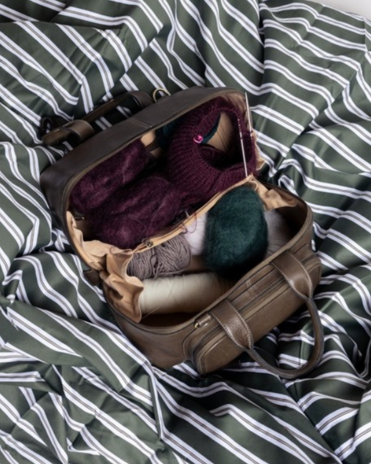 RE PROJECT 39 handcrafted Urban Leather knitting and crochet crossbody bag with top handles and front pocket from iDOKNiT