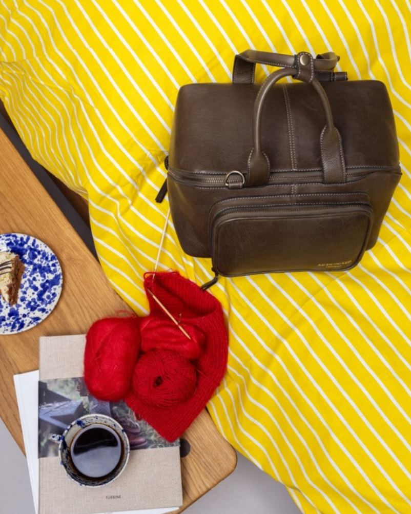 RE PROJECT 39 handcrafted Urban Leather knitting and crochet crossbody bag with top handles and front pocket from iDOKNiT