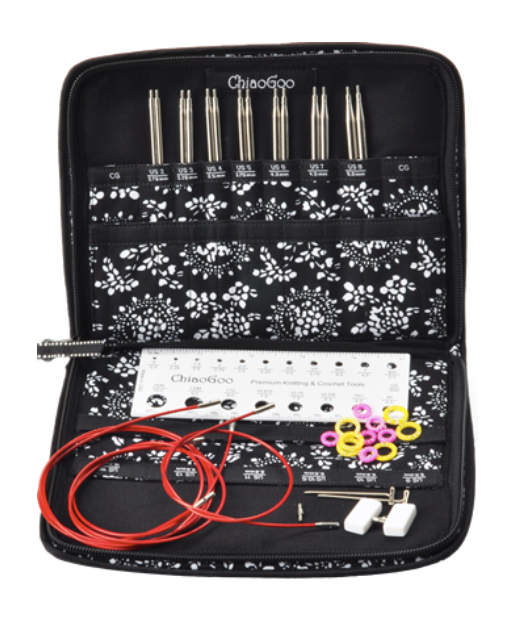 ChiaoGoo TWIST SS 5" Small interchangeable knitting needle set with surgical stainless steel lace tips and zippered fabric case for iDOKNiT.