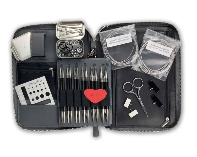 ChiaoGoo FORTÉ 2.0 5" complete interchangeable knitting needle set with carbon fiber and blackwood tips in organized case for iDOKNiT.