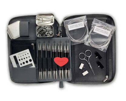 ChiaoGoo FORTÉ 2.0 5" complete interchangeable knitting needle set with carbon fiber and blackwood tips in organized case for iDOKNiT.