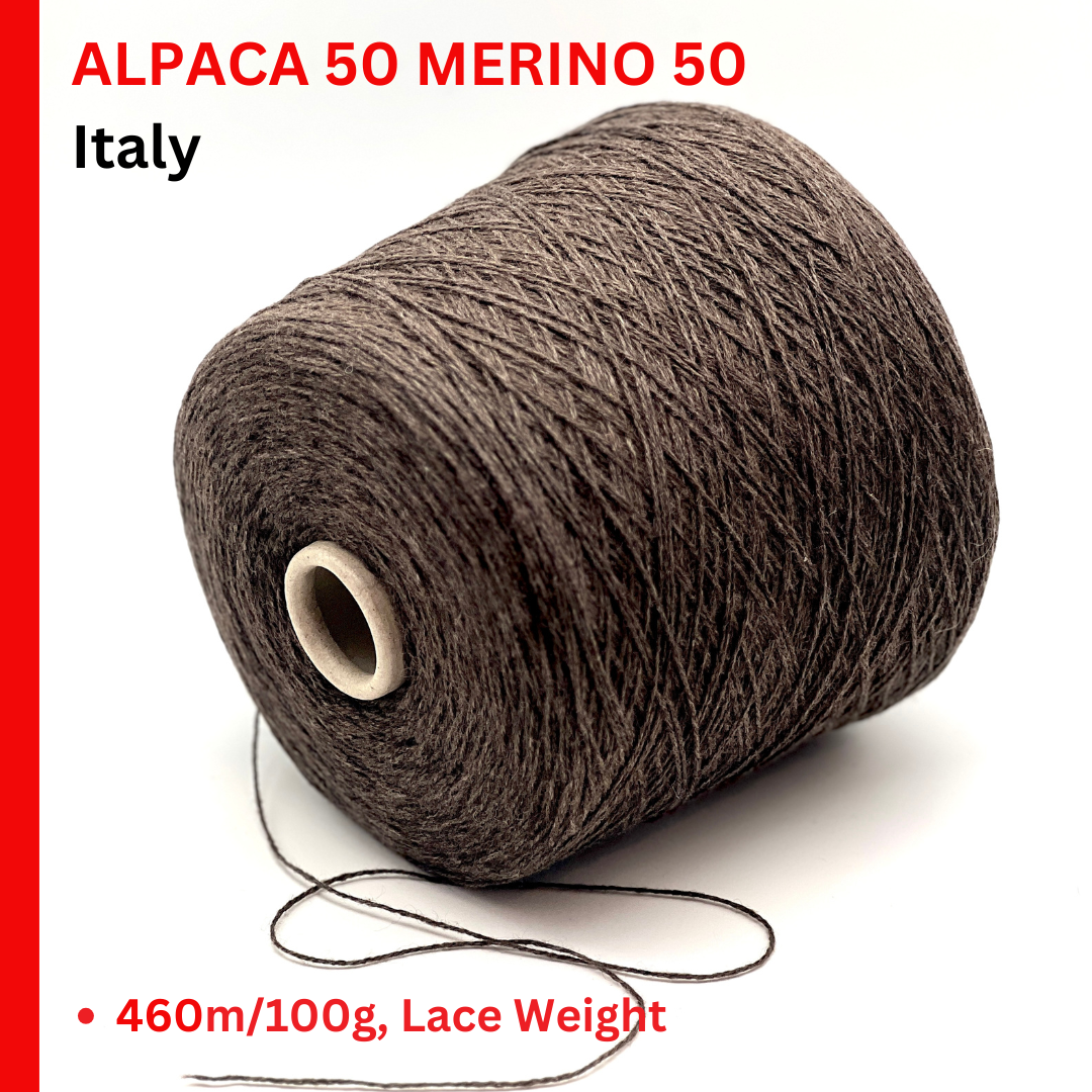 Brown yarn cone with product details on a white background