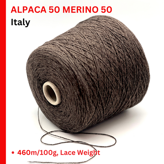 Brown yarn cone with product details on a white background
