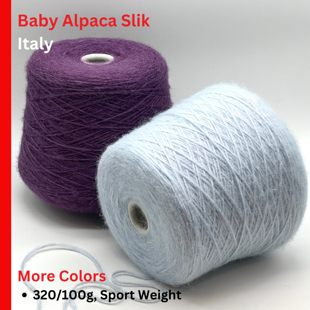 Two spools of yarn, one purple and one gray, with text about Baby Alpaca Slik Italy on a white background.