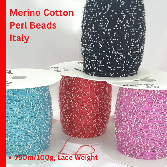 Spools of Merino Cotton Pearl Beads from Italy with labels on a white background.