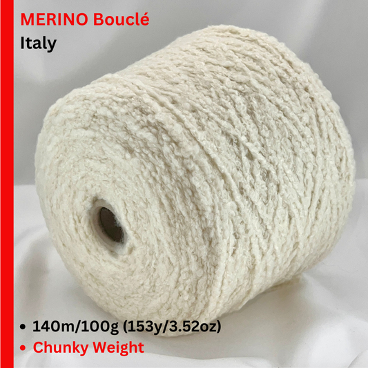 Ball of yarn labeled 'MERINO Bou克莱 Italy' with product details on a white background