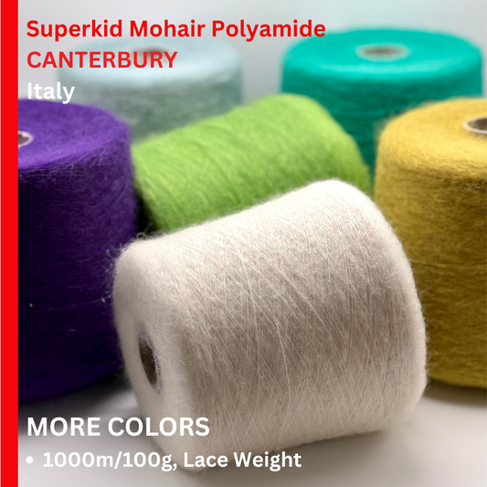 Colorful yarn rolls with text about Superkid Mohair Polyamide from Canterbury, Italy.