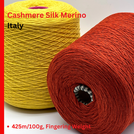 Two skeins of yarn, one yellow and one red, with text indicating 'Cashmere Silk Merino Italy' and product details.