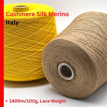 Two spools of yarn, one yellow and one beige, on a white background with text indicating 'Cashmere Silk Merino Italy' and product details.