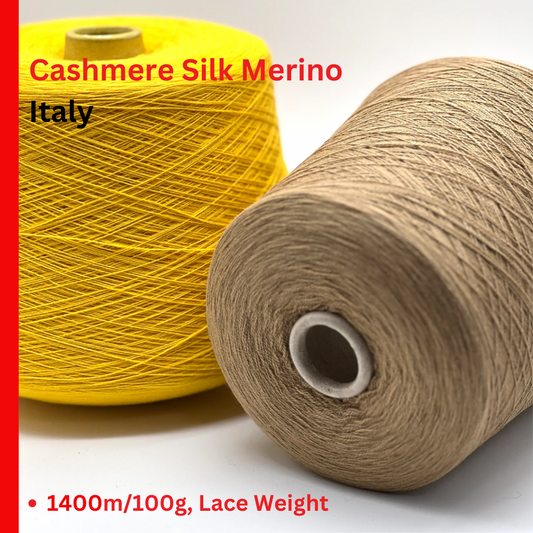 Two spools of yarn, one yellow and one beige, on a white background with text indicating 'Cashmere Silk Merino Italy' and product details.