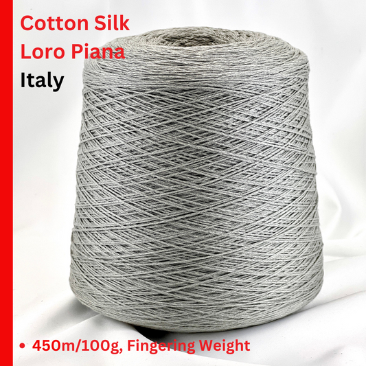 Spool of Loro Piana Cotton Silk yarn on a white background with text indicating brand and product details.