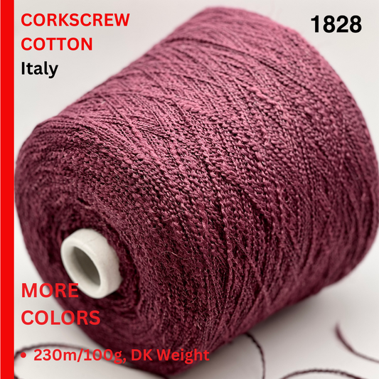 Spool of corkscrew cotton from Italy with product details on a white background