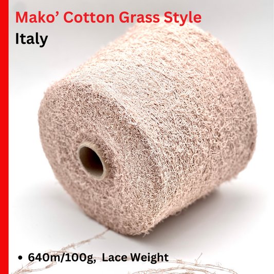 Roll of Mako' Cotton Grass Style yarn with text on a white background