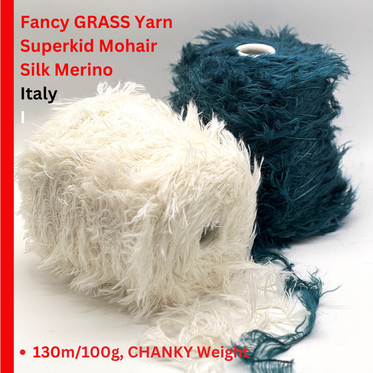 Two balls of yarn, one white and one blue, on a gray background with text about yarn type and weight.