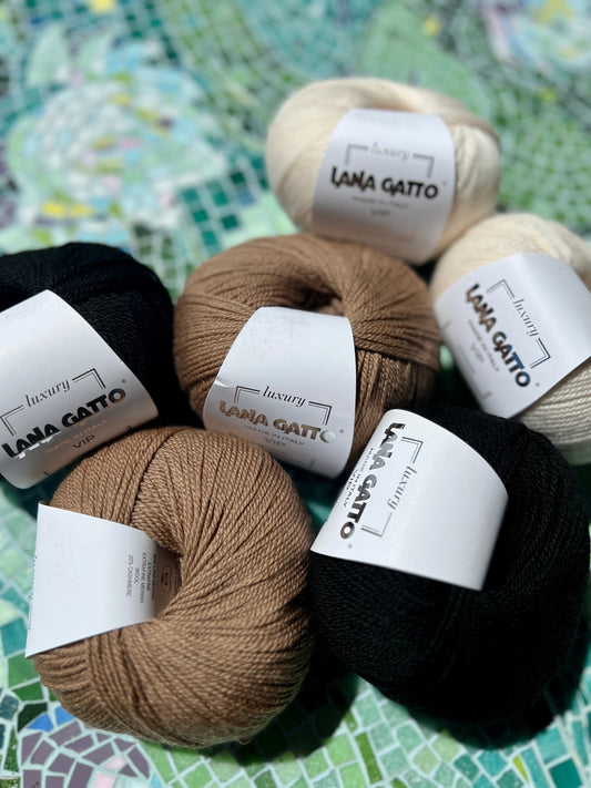 Lana Gatto VIP Italian yarn ball in high-quality extrafine merino and cashmere blend for iDOKNiT luxury knitting projects.