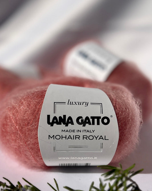 Close-up of iDOKNiT Lana Gatto MOHAIR ROYAL yarn, highlighting the delicate airy halo of Kid Mohair and Extrafine Merino blend in a 25g ball.