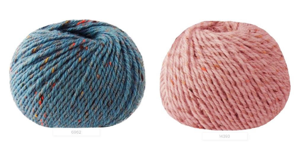 Close-up of iDOKNiT Lana Gatto EVEREST tweed yarn, showing the rustic texture of the Merino and Viscose blend with signature colorful neps in a 50g ball.