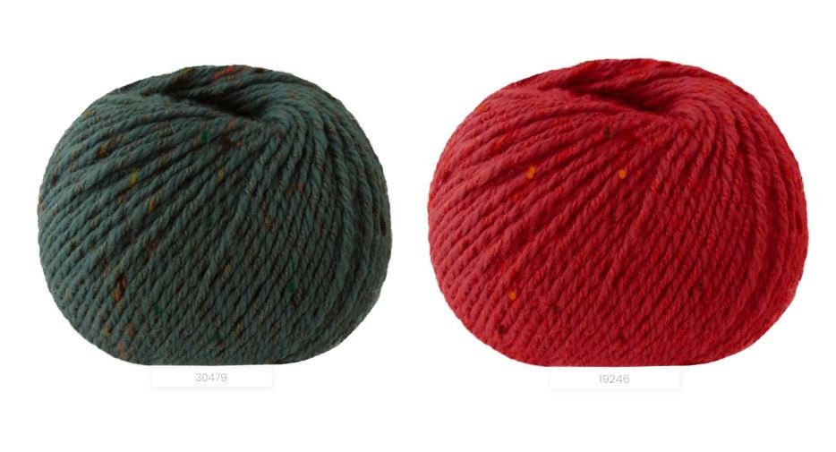 Close-up of iDOKNiT Lana Gatto EVEREST tweed yarn, showing the rustic texture of the Merino and Viscose blend with signature colorful neps in a 50g ball.