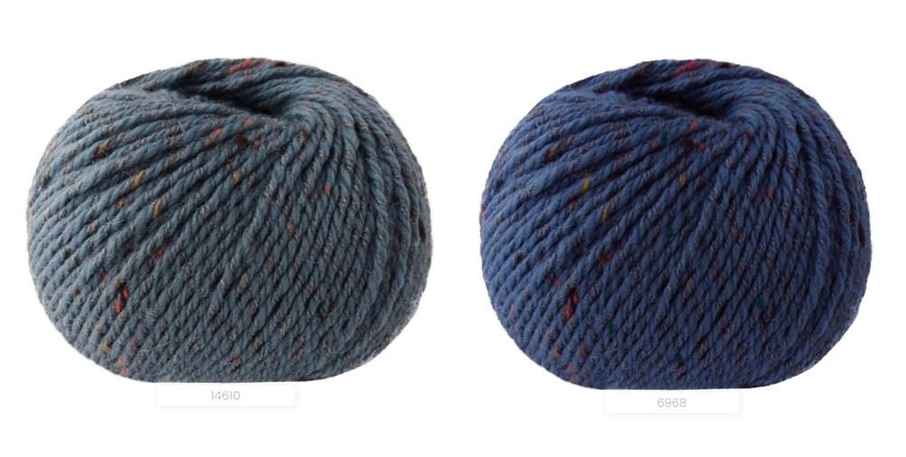 Close-up of iDOKNiT Lana Gatto EVEREST tweed yarn, showing the rustic texture of the Merino and Viscose blend with signature colorful neps in a 50g ball.