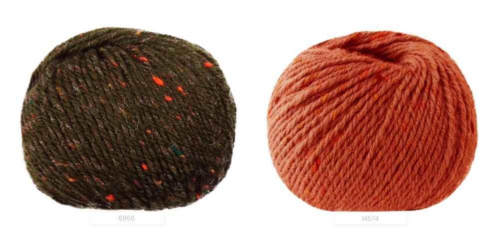 Close-up of iDOKNiT Lana Gatto EVEREST tweed yarn, showing the rustic texture of the Merino and Viscose blend with signature colorful neps in a 50g ball.