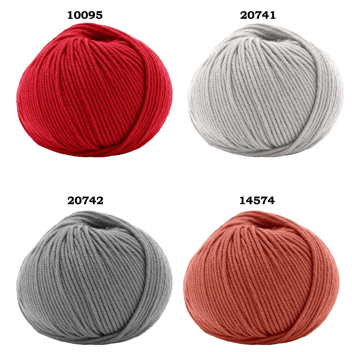 Four balls of yarn in different colors on a white background