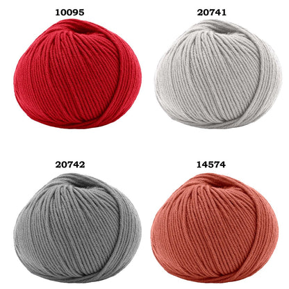 Four balls of yarn in different colors on a white background
