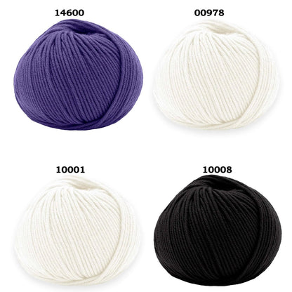 Four balls of yarn in different colors with color codes on a white background