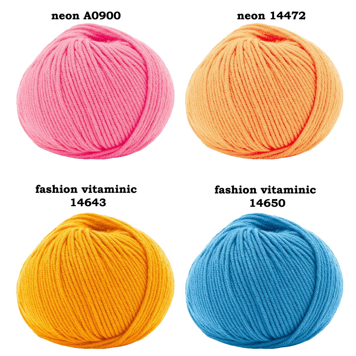 Four balls of yarn in different colors with color codes above each.
