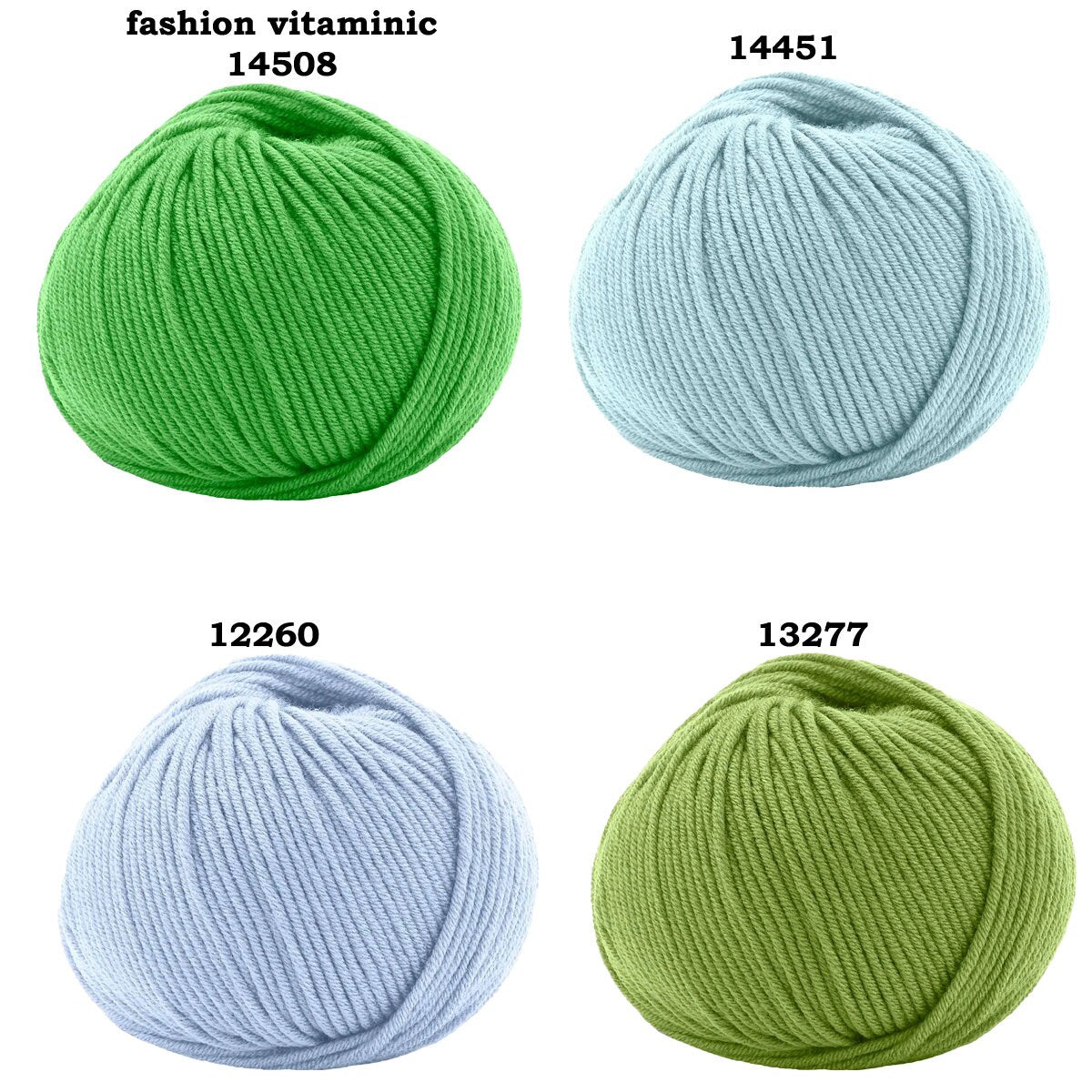 Four balls of yarn in green, blue, and gray on a white background with color codes.