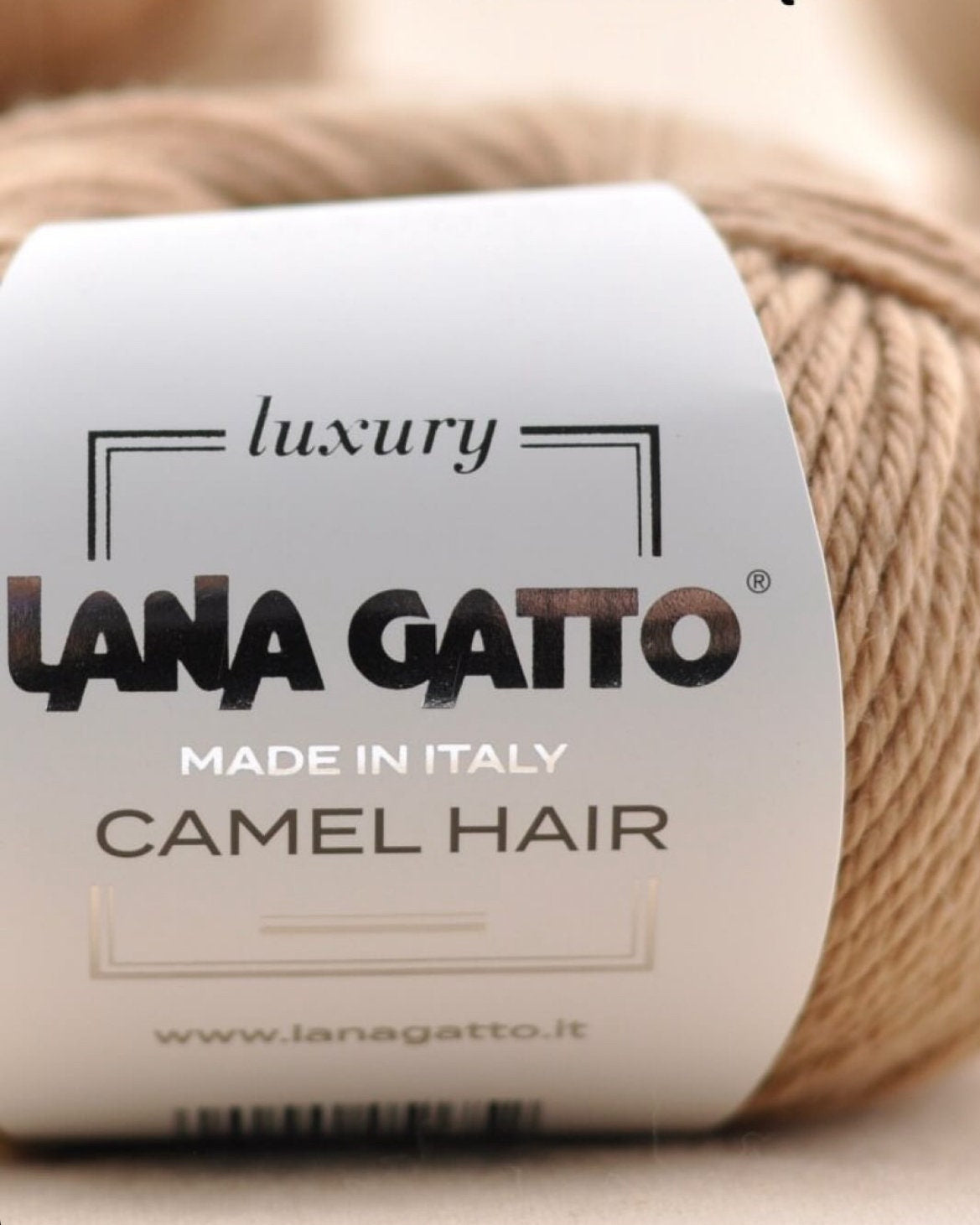 Ball of yarn with a 'Lana Gatto' label on a beige background