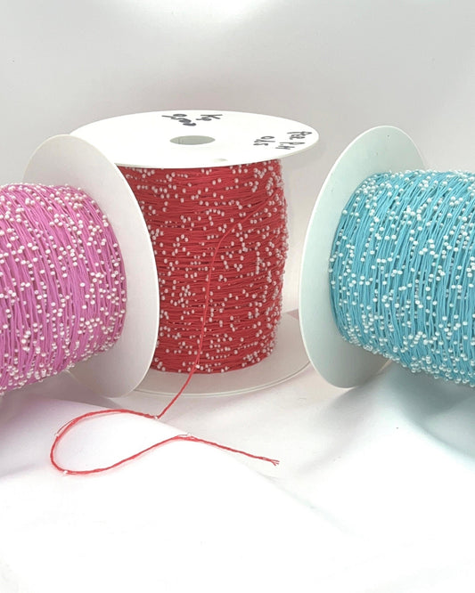 Three spools of thread in pink, red, and blue on a white background