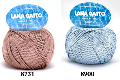 Lana Gatto SILKY pure silk yarn Italian fingering yarn
Luxury silk yarn for elegant summer knitwear and shawls
Close up of SILKY yarn showing smooth plied silk texture
Italian pure silk yarn with elegant sheen and drape
Soft breathable silk yarn for luxury knitting projects