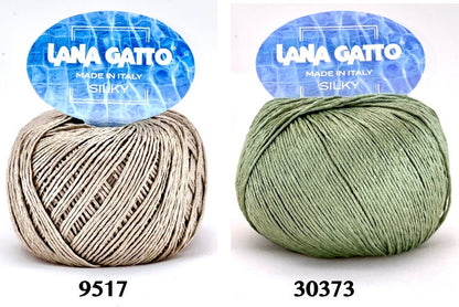 Lana Gatto SILKY pure silk yarn Italian fingering yarn
Luxury silk yarn for elegant summer knitwear and shawls
Close up of SILKY yarn showing smooth plied silk texture
Italian pure silk yarn with elegant sheen and drape
Soft breathable silk yarn for luxury knitting projects