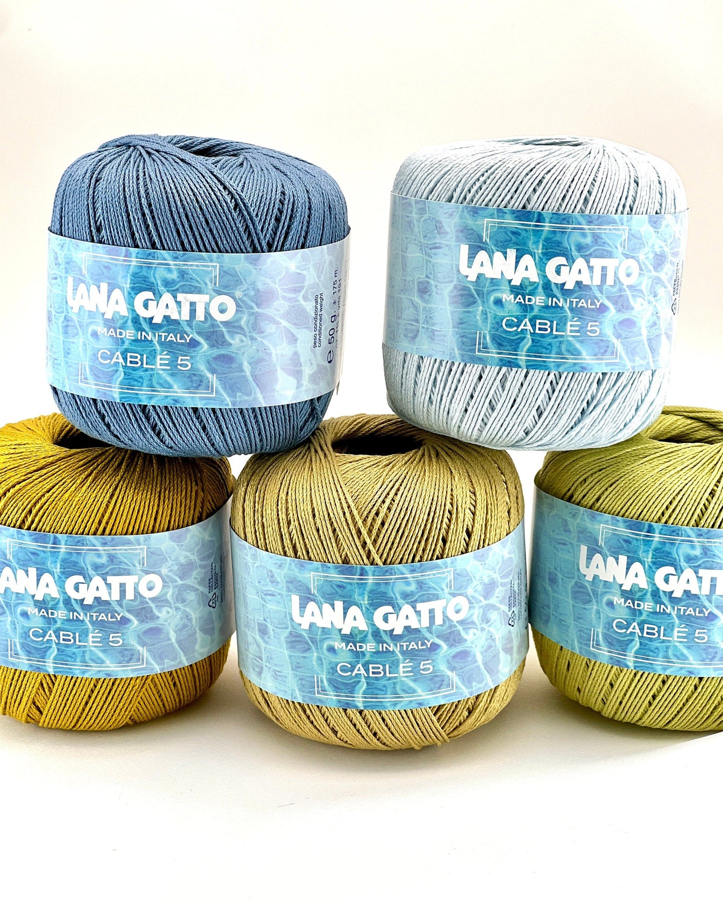 Lana Gatto Cablé 5 mercerized Egyptian Mako cotton fingering weight yarn from iDOKNiT. Smooth, tightly spun premium Italian fiber with a subtle sheen for luxury knitting and crochet, 175m per 50g ball.