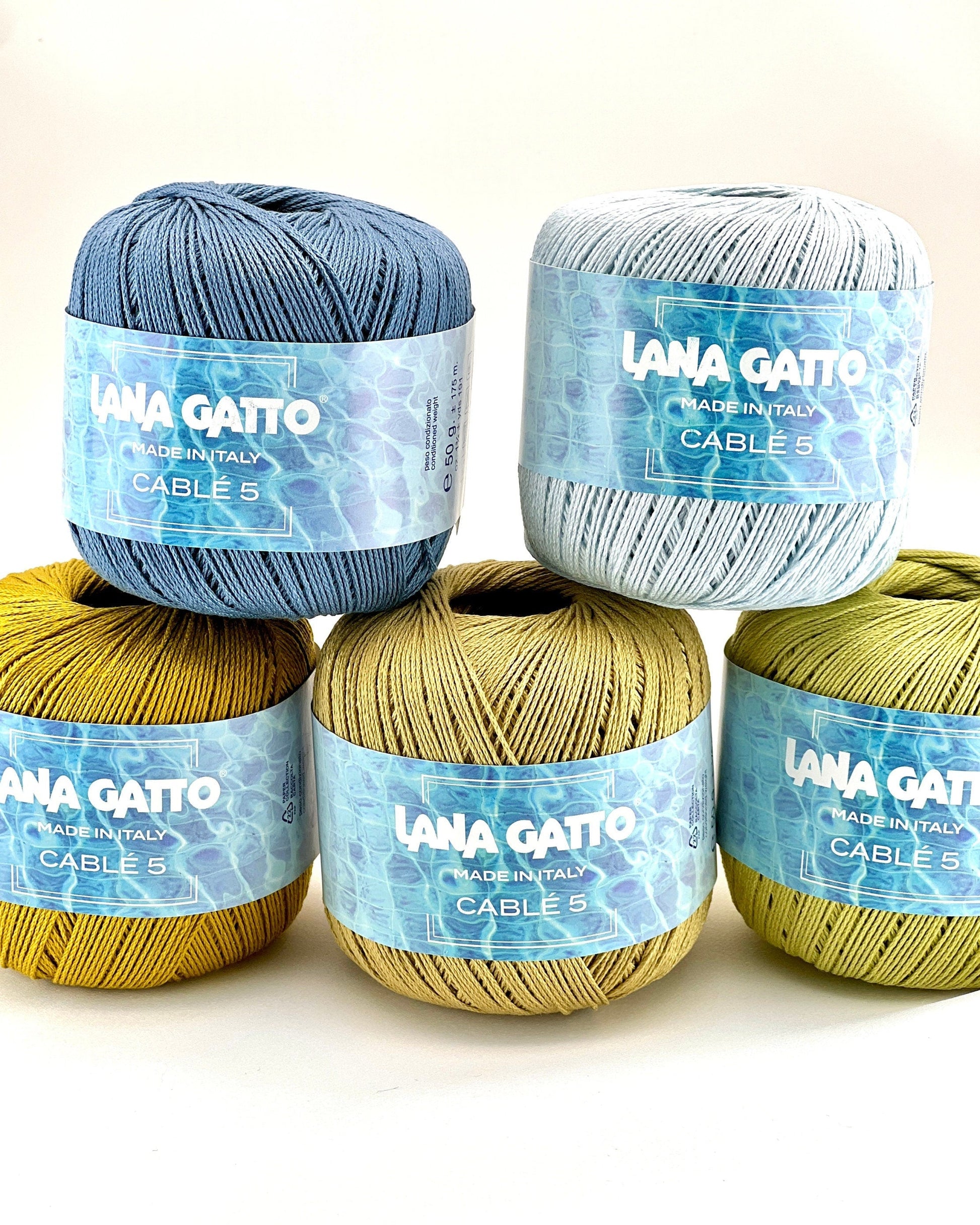 Lana Gatto Cablé 5 mercerized Egyptian Mako cotton fingering weight yarn from iDOKNiT. Smooth, tightly spun premium Italian fiber with a subtle sheen for luxury knitting and crochet, 175m per 50g ball.
