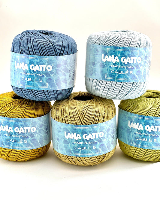 Lana Gatto Cablé 5 mercerized Egyptian Mako cotton fingering weight yarn from iDOKNiT. Smooth, tightly spun premium Italian fiber with a subtle sheen for luxury knitting and crochet, 175m per 50g ball.