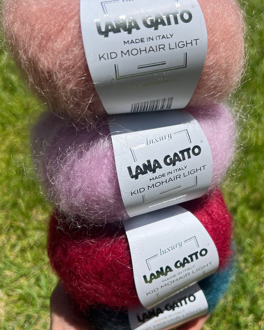 Lana Gatto Kid Mohair Light luxury wool blend yarn from iDOKNiT. Fluffy, lightweight Italian-spun roving with a soft halo for high-end knitting and crochet, 90m per 50g ball.