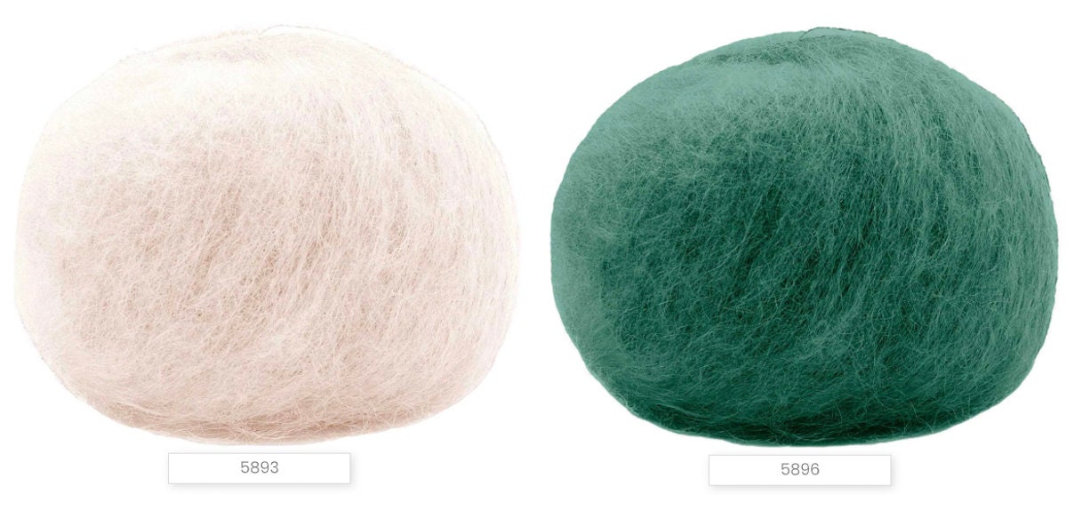 Close-up of iDOKNiT Lana Gatto MOHAIR ROYAL yarn, highlighting the delicate airy halo of Kid Mohair and Extrafine Merino blend in a 25g ball.