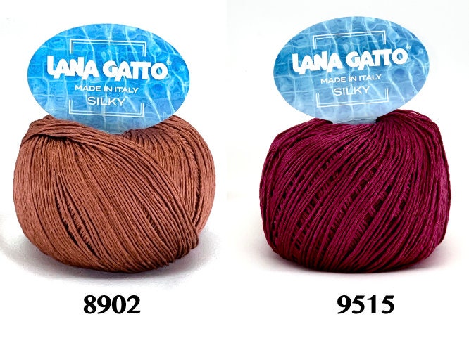 Lana Gatto SILKY pure silk yarn Italian fingering yarn
Luxury silk yarn for elegant summer knitwear and shawls
Close up of SILKY yarn showing smooth plied silk texture
Italian pure silk yarn with elegant sheen and drape
Soft breathable silk yarn for luxury knitting projects