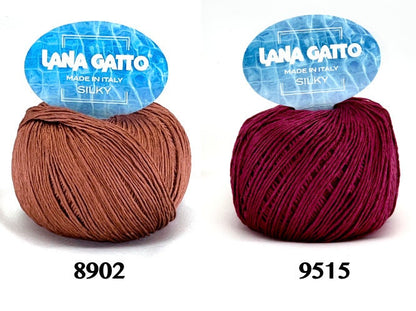 Lana Gatto SILKY pure silk yarn Italian fingering yarn
Luxury silk yarn for elegant summer knitwear and shawls
Close up of SILKY yarn showing smooth plied silk texture
Italian pure silk yarn with elegant sheen and drape
Soft breathable silk yarn for luxury knitting projects